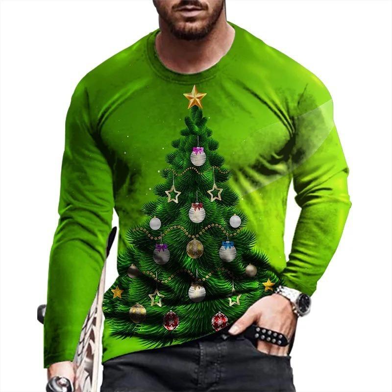 New Men's Long Sleeved Round Neck T-shirtr Autumn Winter Christmas 3D Digital Printed Christmas Tree T-shirt