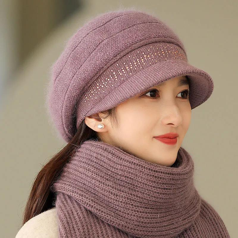 WTEMPO Cold-proof Windproof Warm Solid Color Ear Protection Elastic Hats Women's Autumn Winter Casual Verstaile Retro Elegant Hat + Scarf Set