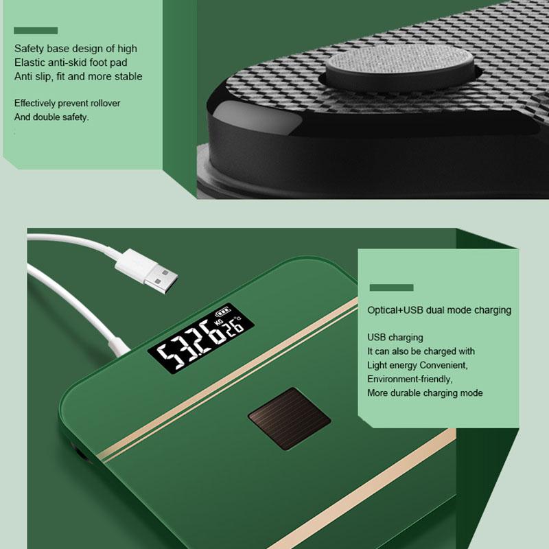 Digitale Waage Körpergewicht USB + optisches Aufladen Bluetooth Smart Wireless BMI Fettanalysator Badezimmer Mädchenschlafsaal tragbar