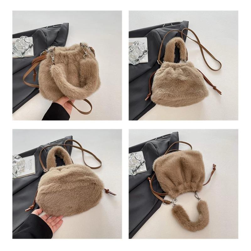 Elegant Women's Plush Bucket Shoulder Bags Rushed Fluffy Handle Ladies Purse Handlbags Faux Fur Female Small Crossbody Bags