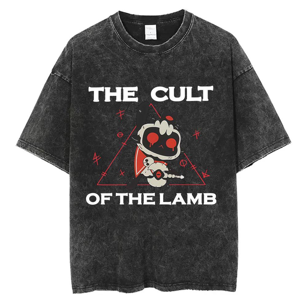 

Washed Vintage Game Cult of The Lamb Graphic Tshirt Men Women Otaku Lover Short Sleeve Tshirts Unisex Casual Cotton T Shirts S
