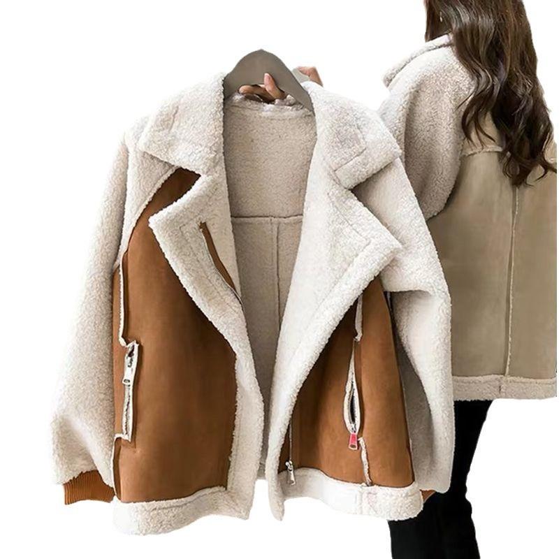 New thickened warm fur integrated lamb wool jacket loose versatile deerskin velvet top locomotive clothing