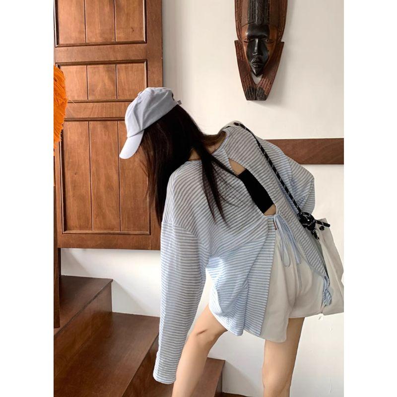 

Повседневный расслабленный стиль полоска открытая спина тонкая одежда для йоги футболка с длинными рукавами женская свободная блузка с защитой от солнца дышащая одежда для тренировок Blue Stripe S