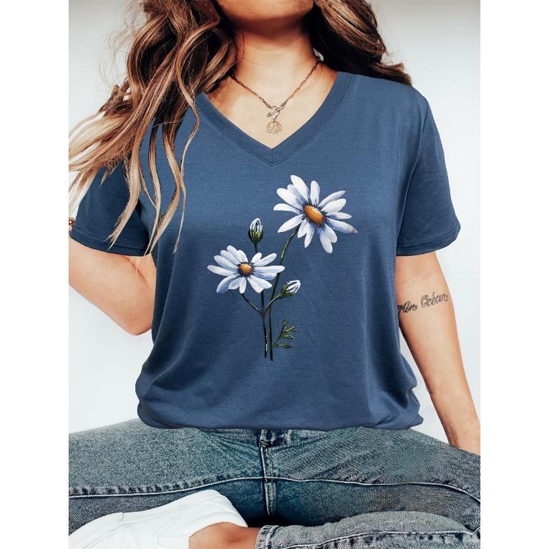 Übergröße Freizeit-T-Shirt Damen Übergröße Floral 3D-Druck V-Ausschnitt Kurzarm Grafik-Tee T-Shirts