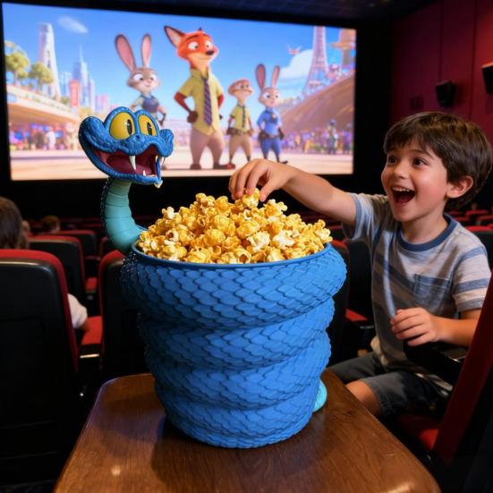 Contenitore per popcorn riutilizzabile, grande capacità, portatile, stampato in 3D, a forma di serpente blu, per snack e popcorn, regalo da collezione per gli appassionati di film di cartoni animati