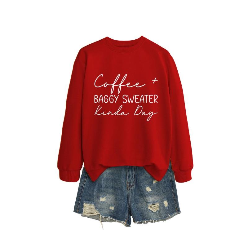 Womens Oversized Round Neck Long Sleeve Cotton Blend Casual Sweatshirt With Print - Loose Fit Comfort Top
