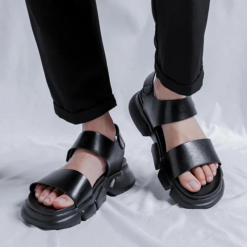 2025 Men's Cool Outdoor Slippers Men's Hollow Out Summer Sandals Leather Thick-soled Beach Shoes Non-slip Handmade Sandals