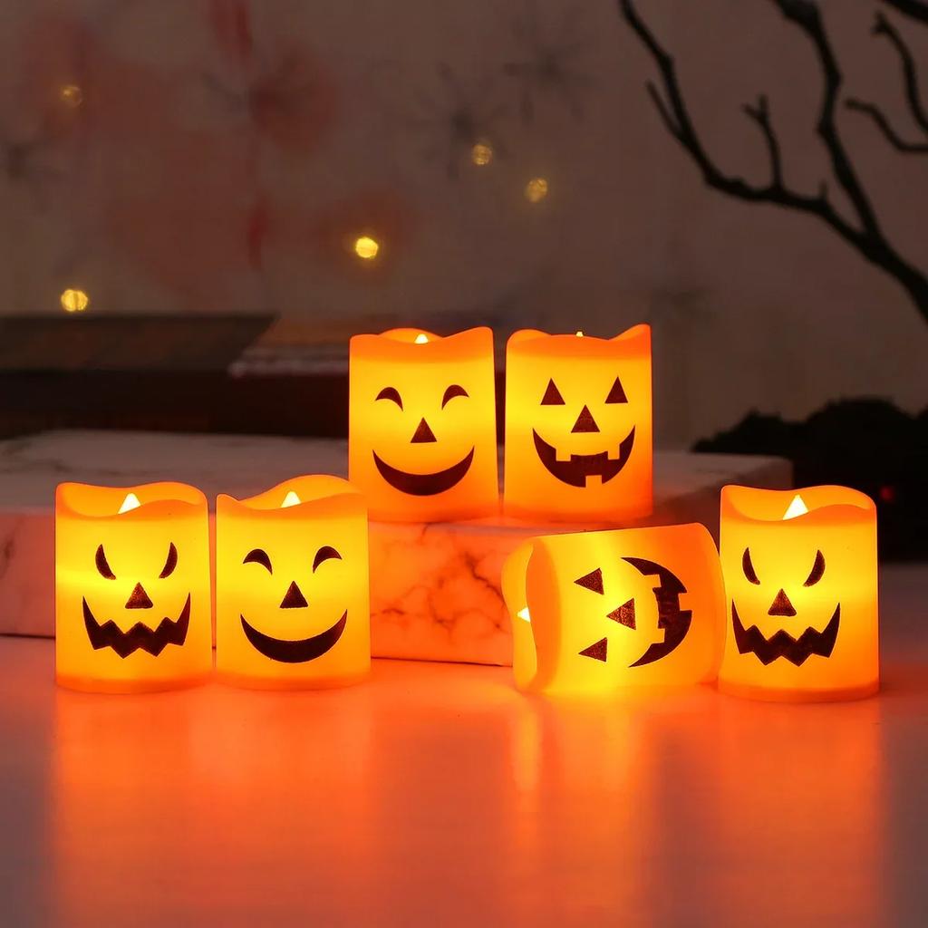 6Pcs Pumpkin LED Candle Light Battery Powered Skull Ghost Spooky Light Halloween Party Decora Ambiance Electronic Candle Lights