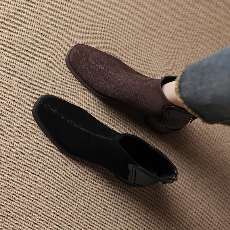 Krazing Pot Cow Suede Nubuck Winter Round Toe Modern Boots Med Heels Zipper Patch Work Women Ankle Boots