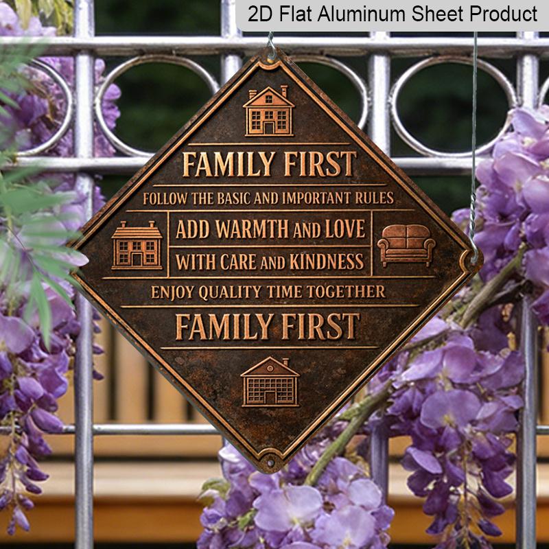 

2D Flat Design, 1pc, Family First Theme, Cozy Home Decor Gift, Vintage Metal Sign, Suitable for Decorating Walls in Living Rooms, Entryways, Dining 20*20cm