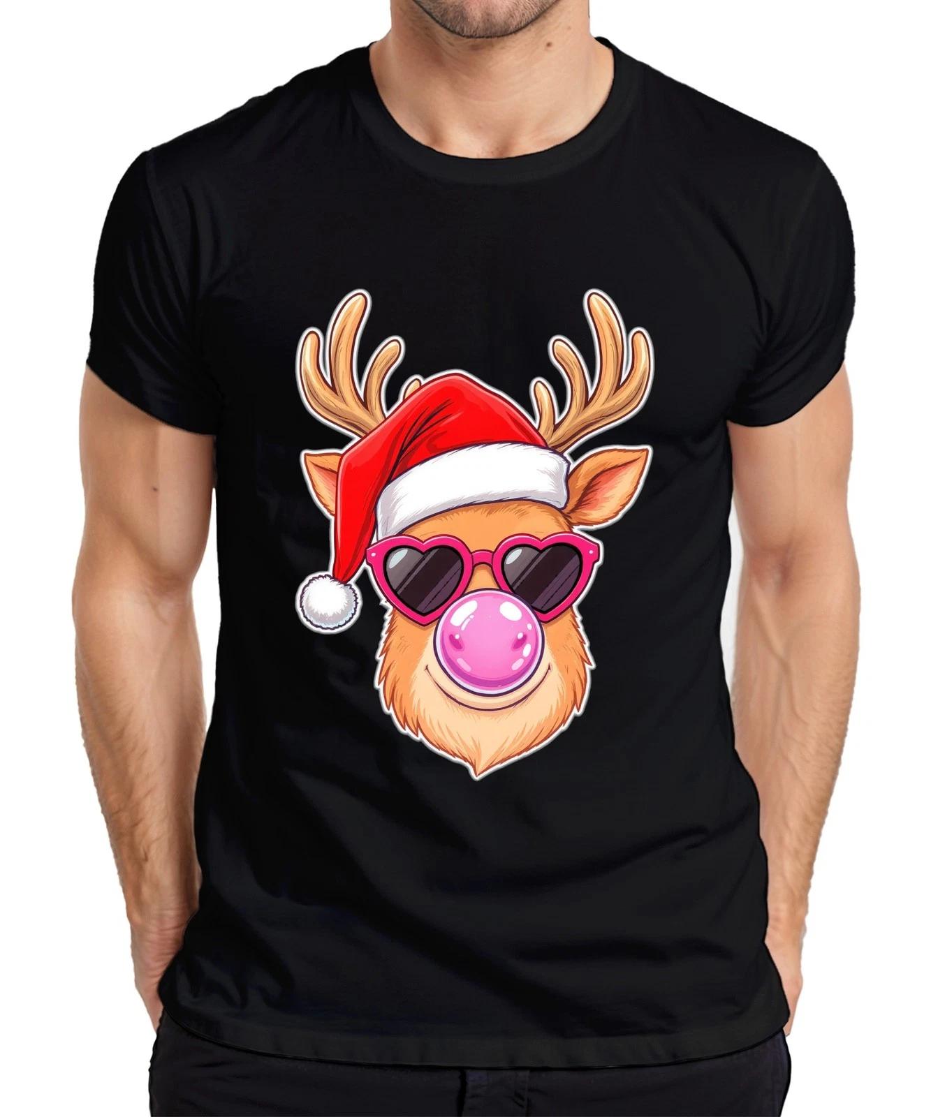 Christmas Reindeer Santa Hat Heart Sunglasses Bubblegum Funny Mens T-Shirt- L