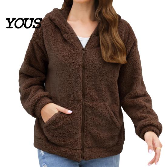Soft Plush Outerwear Women Oversized Fleece Jacket, Warm Casual Hooded Coat with Solid Color Pockets, Long Sleeve Zip-Up Hoodie for Fall Winter