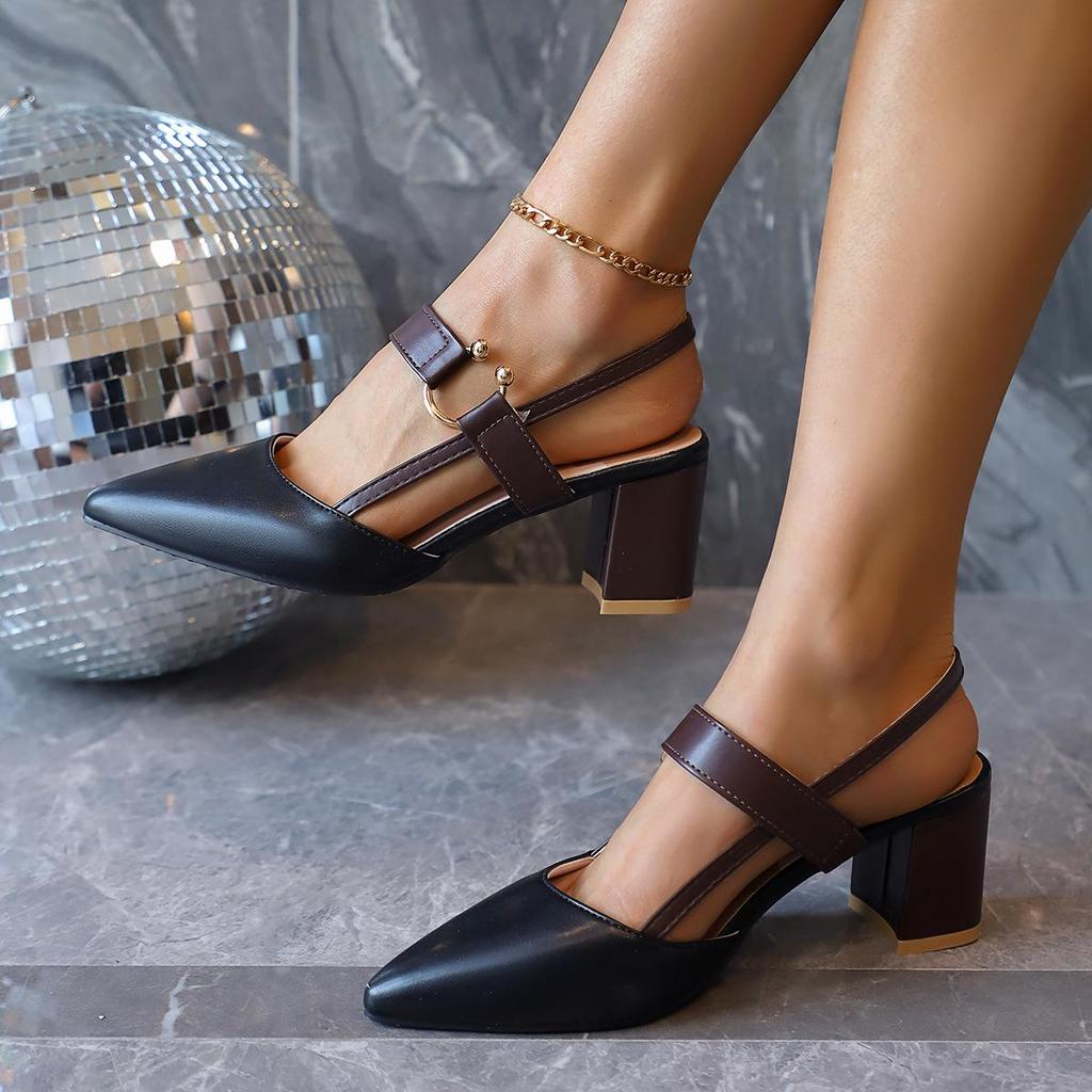 Women's Summer 2025 Pointed-Toe Backless Roman High Heel Sandals with One Strap & Chunky Heel