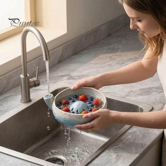 Glasierte Keramik Beerenkorb Spülschale mit Abflussloch, Leicht zu reinigendes Küchensieb Kompakt für Trauben Schüssel, Selbstspülend Servieren von Obst Und