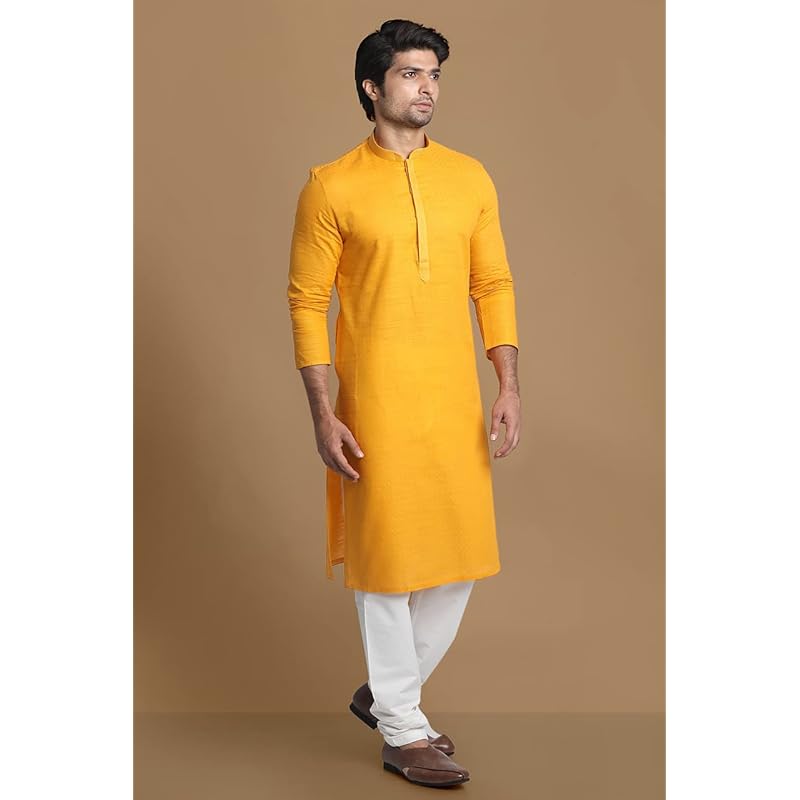 Manyavar SelfDesign Knee Long Kurta and Churidar Set for Men - (Mustard, XX-Large)
