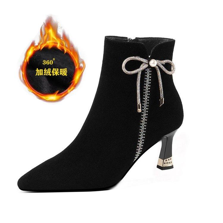 

Autumn and winter pointed high heel short boots women s thin heel spring and autumn single boots fashion rhinestone matte women s boots ankle boots 40
