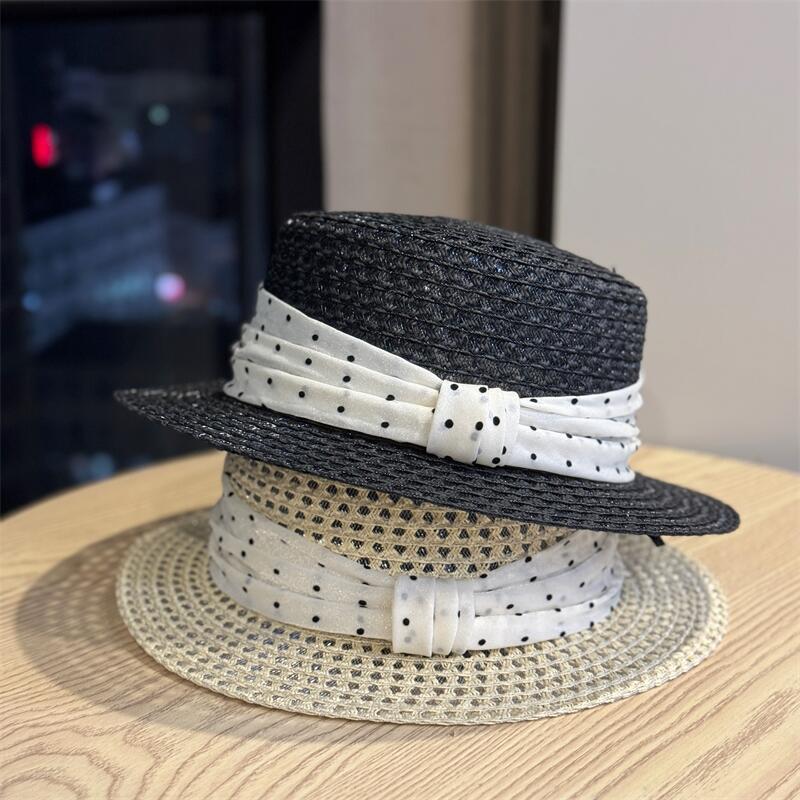 Temperament Polka Dot Flat Top Straw Hat Women's Summer Seaside Big Eaves Sunscreen Sun Hat Advanced Straw Hat