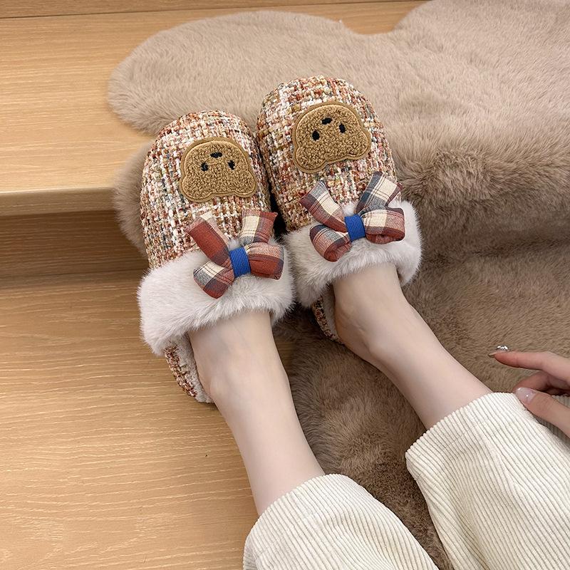 Autumn and Winter New Mao Mao Shoes Women's Shoes Flat Slippers Women's One-word Drag Cute Bear Cartoon Platform Outdoor Velvet To Keep Warm