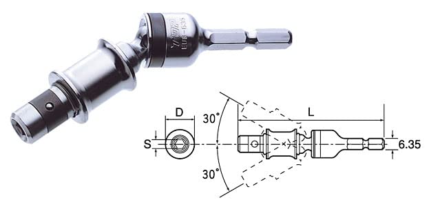 TOP Kogyo Universal Joint for Electric Hex Swivel Impact Driver Bit for Corner Made of Special Alloy Compatible (TOP) Drills, 6.35mm Shank, 30° Angle,