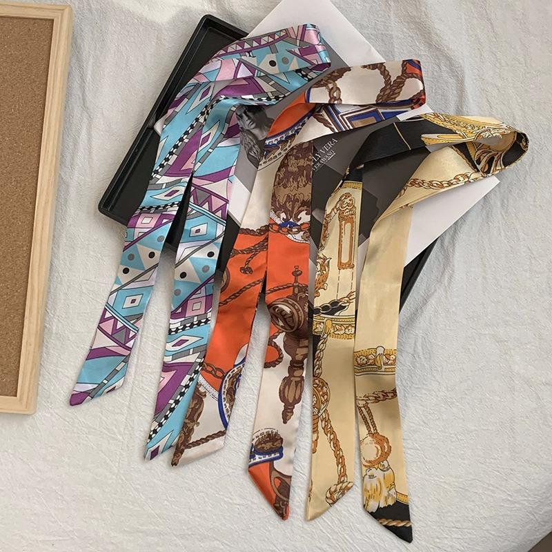 Long silk scarf, new thin and narrow decorative scarf, multi-purpose headscarf, headband, hair tie, bag streamer, gift box strap.