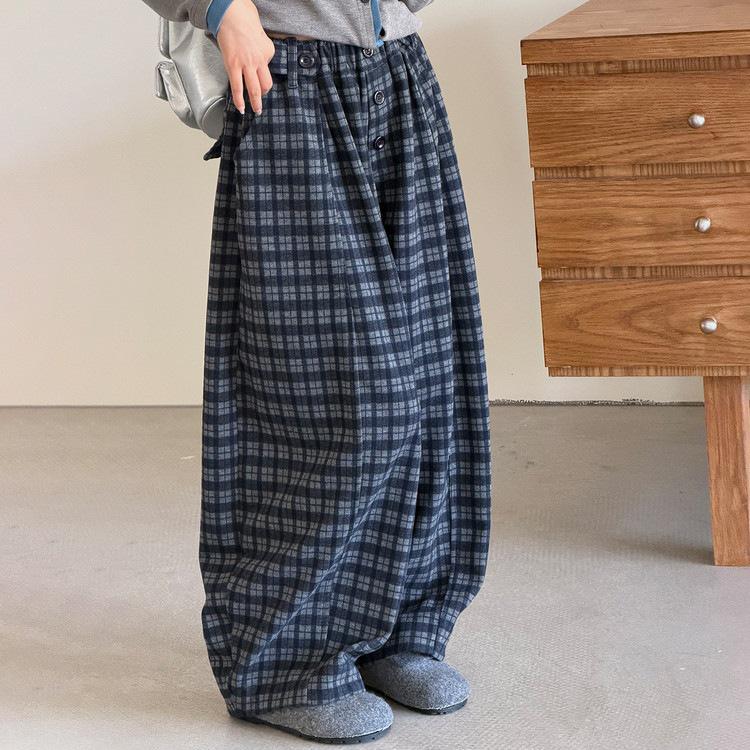 Girls' Casual Plaid Wide-Leg Pants - 2026 Autumn Style for Medium and Large Kids