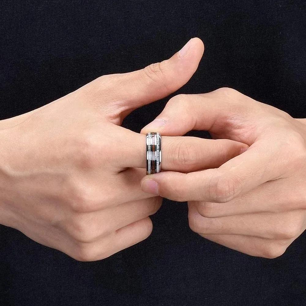 Fashion Copper Color Men's Stainless Steel Rings Koa Wood Deer Antler Inlay Dome Engagement Rings For Men Women Wedding Jewelry