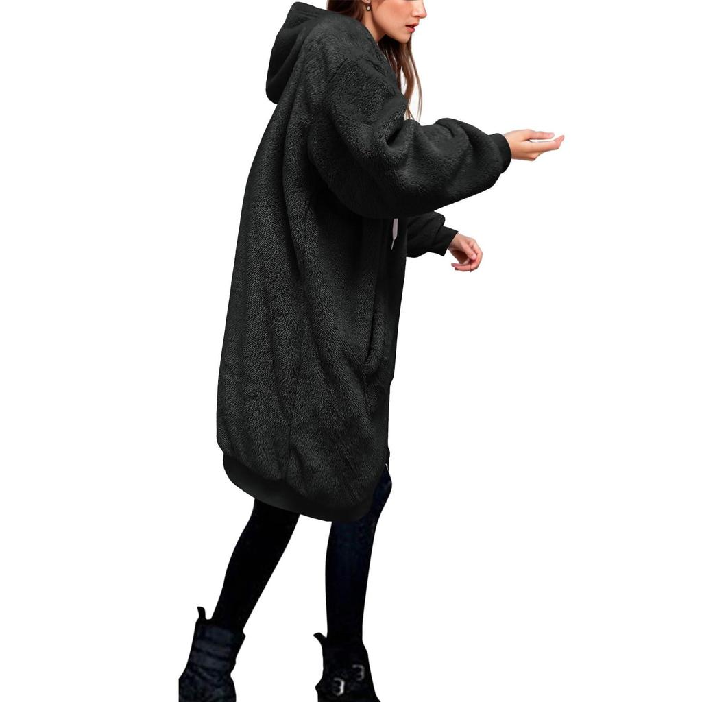 Women's Fashionable Coat Solid Color Long Sleeved Hooded Drawstring Pocket Zipper Long Warm Jackett