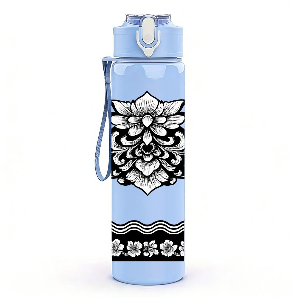 1PC Black White Lace Damask Ornament Print 750ml Color Plastic Sports Water Bottle Leakproof Flip Straw Lid Suitable for Sports Office Home Use