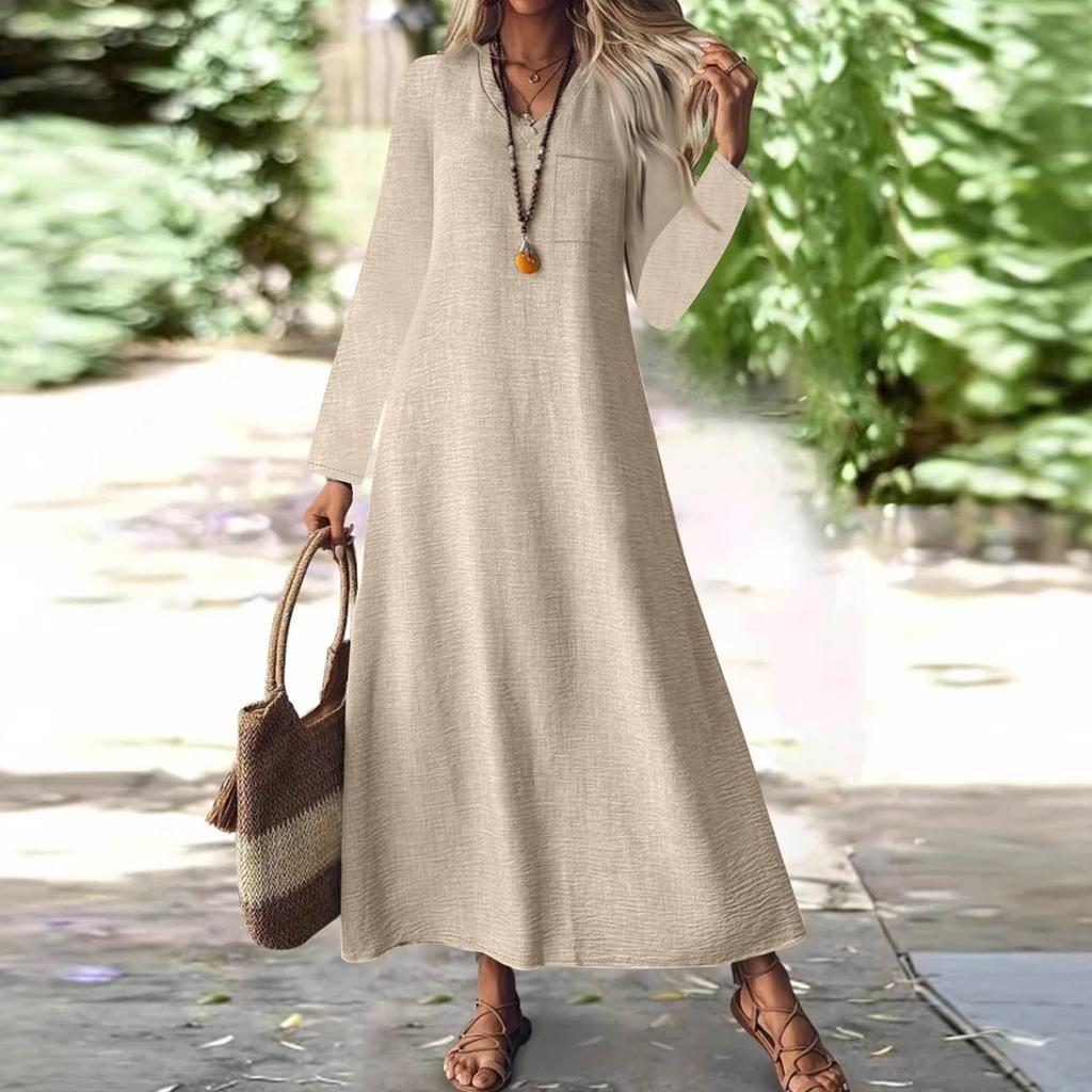 Women's Fashion V-Neck Long Sleeve Pocket Solid Color Zipper Casual Vacation Long Cotton Linen Dresses