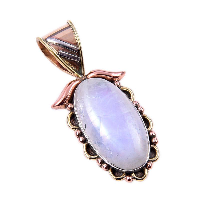 Natural Rainbow Moonstone Gemstone 925 Solid Silver Two Tone Pendant 1.50'' P4m14
