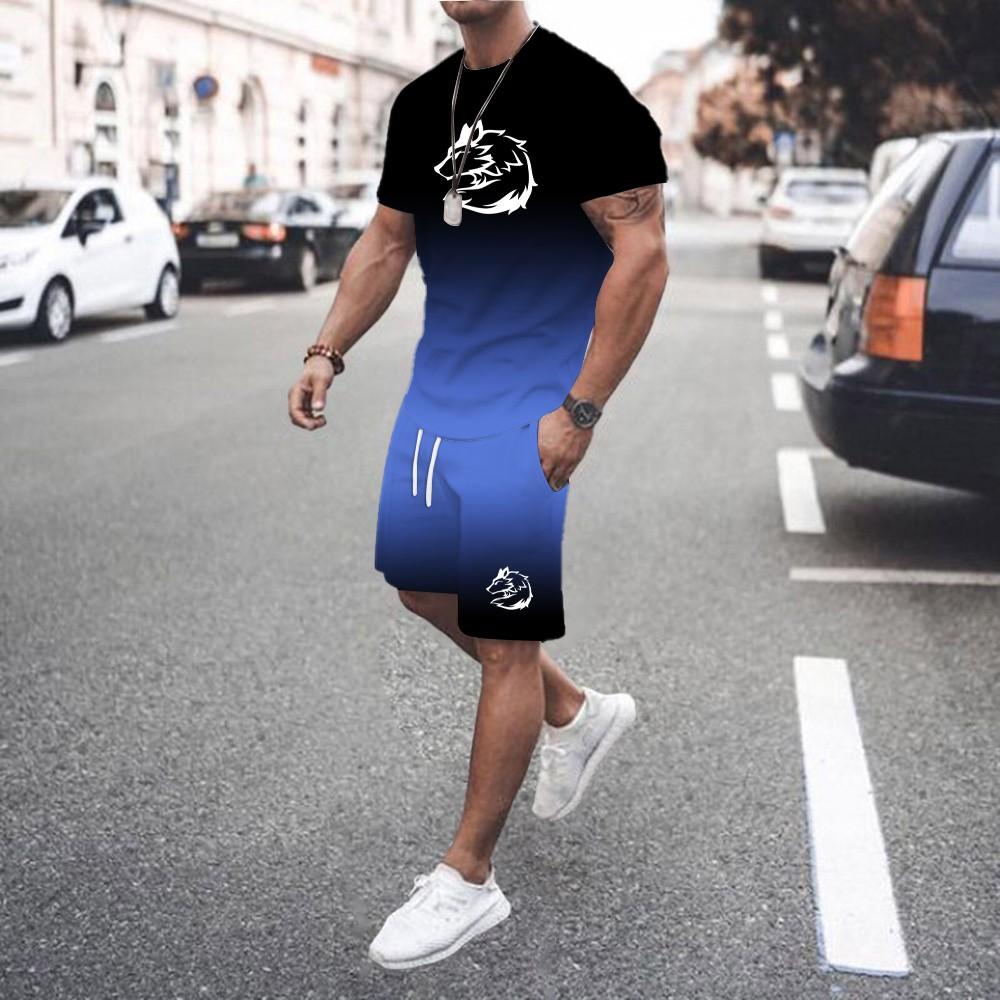 Summer Personalized New 3D Men's Gradient Two-piece Set Wolf Print Fashion Trend Pattern Street Handsome Men's Casual Suit