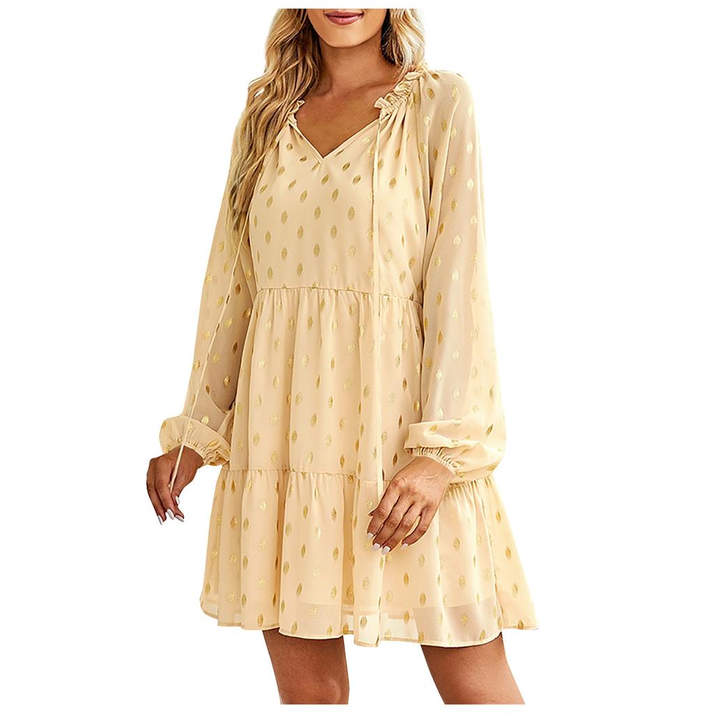 Women's Fashion Long Sleeve V-Neck Pleated Polka Dot Casual Loose High Waist Dress