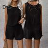 Femeii 2 piese ținută Hollow Back fără mâneci maiou pantaloni scurți cu picioare largi set casual lejer lejer costum asortat
