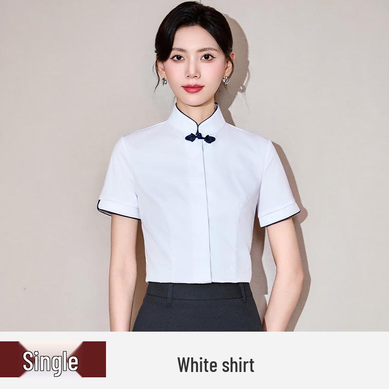 

Женская рубашка в стиле ретро с китайским воротником-стойкой и застежкой на пуговицы-лягушки, с коротким рукавом - Современная униформа для ресепшена отеля M