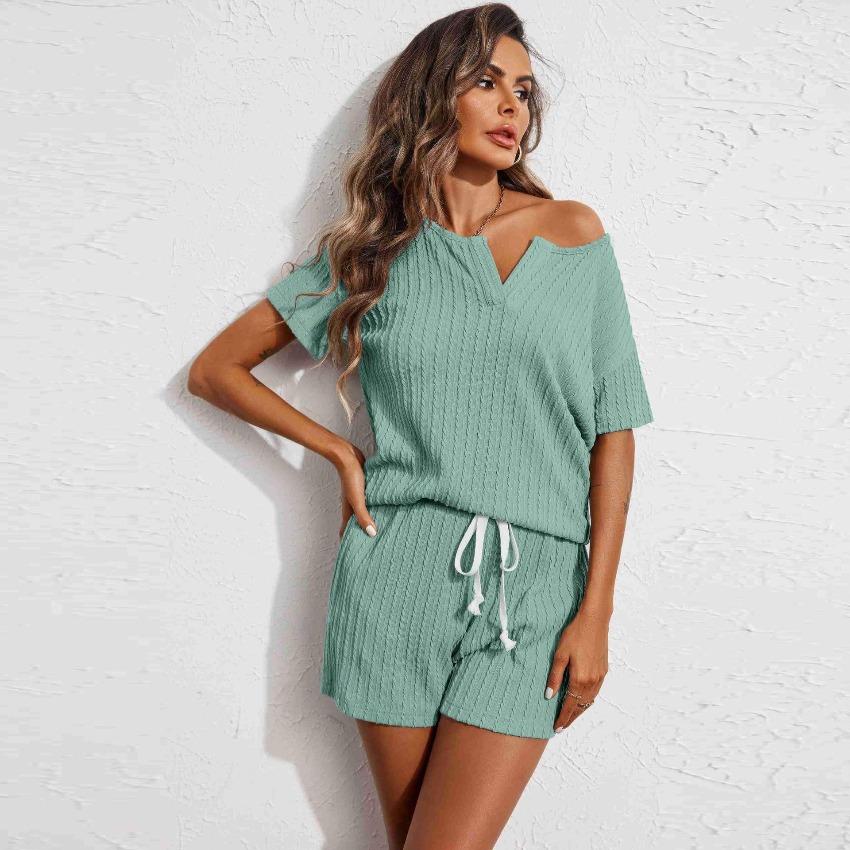 2026 Spring & Summer Women Knitted Jacquard Pajama Set, Short Sleeve & Shorts Two-piece Loungewear