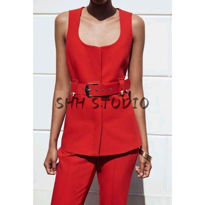 Autumn New Women suit French style Ol Casual With Belt round Neck Sleeveless Vest Mid Waist Flared Trousers