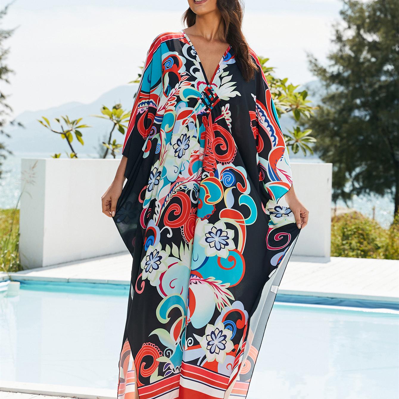 

YYFS женская мода отпуск лето весна цветочный узор принт с длинным рукавом v-образным вырезом повседневные платья One Size чёрный/синий