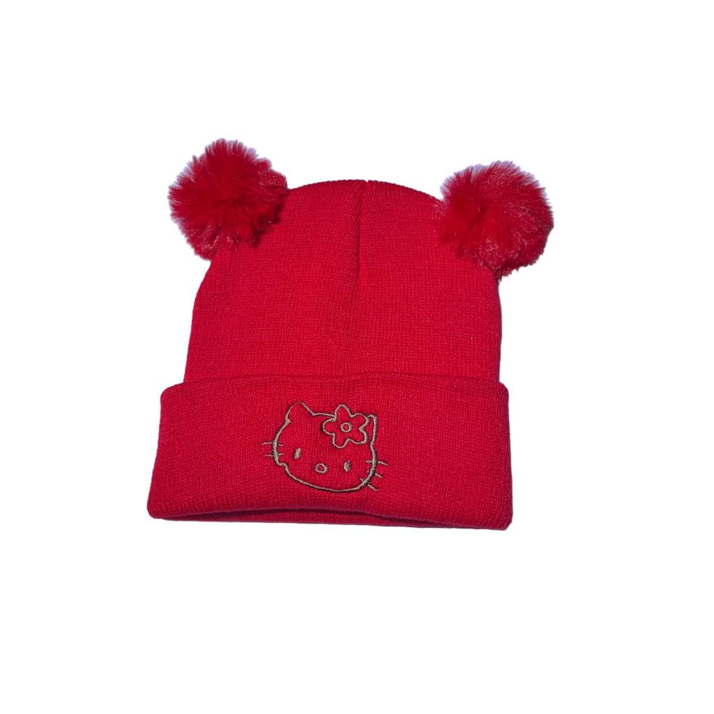 Kuromi Cartoon Cat Wool Knit Hat for Children - Cute and Warm Embroidered Kitten Pullover Hat.