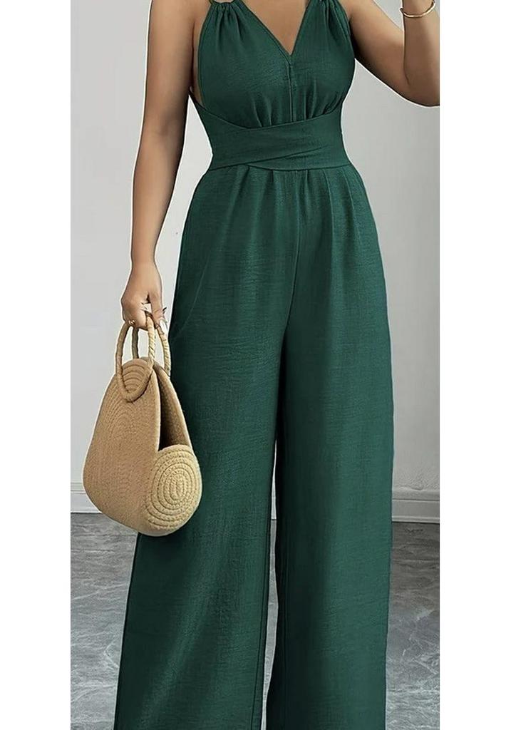 European Women's 2025 V-Neck Backless Cross-Waist Wide-Leg Jumpsuit
