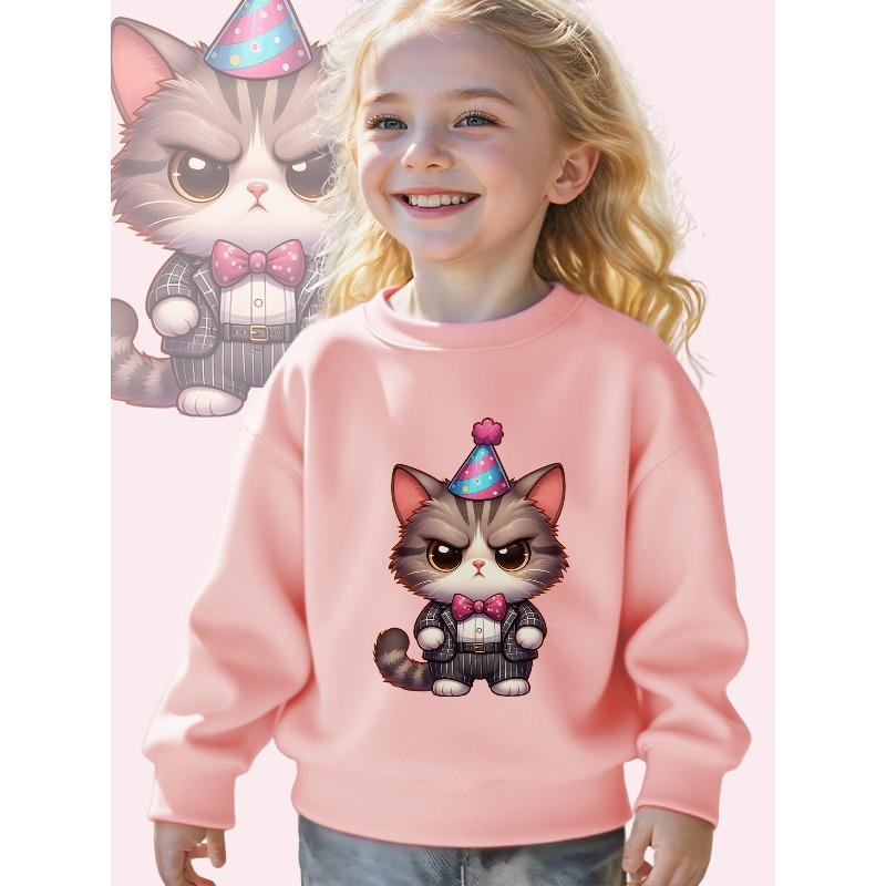 Kids Crewneck Sweatshirt, Chibi Cat Party Paws Cute Graphic Print, Soft Casual Long Sleeve Pullover