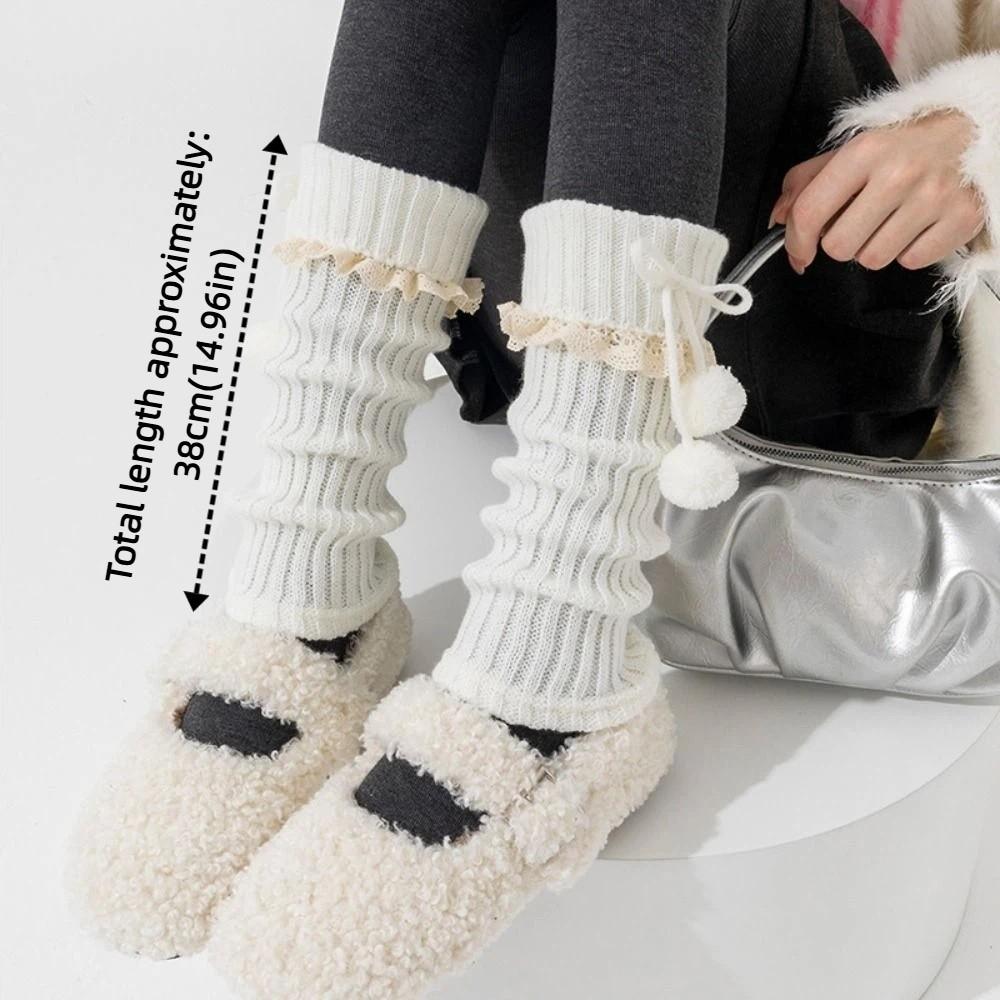 Simple Y2K Knitted Leg Covers Lace Sweet Lolita Bowknot Boots Cover Warm with Plush Balls Mid-tube Socks Girl