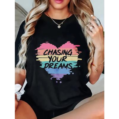 Lässiges lockeres T-Shirt Schwarz Träume verfolgen Regenbogen Herz Aufdruck Damen Mode Top Tägliches Tragen Sommer Outfit