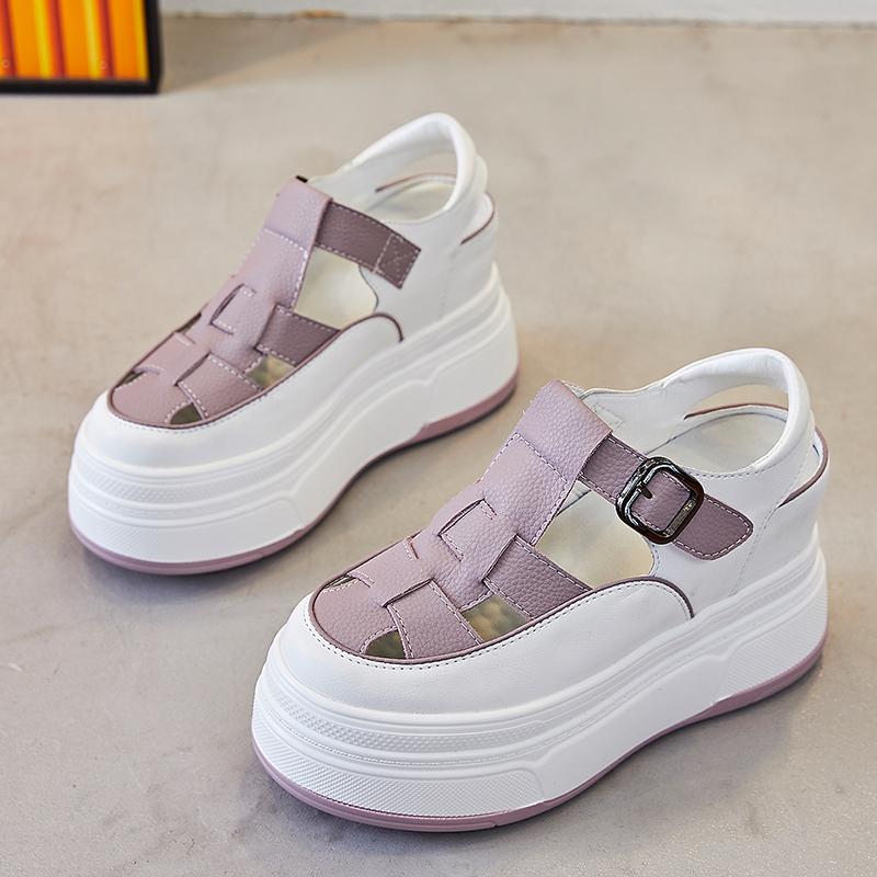 Fashion 7cm Hollow Genuine Leather Breathable Sandals Summer 2024 Women Casual Shoes Platform Wedge Chunky Sneakers Shoes Flats Leisure
