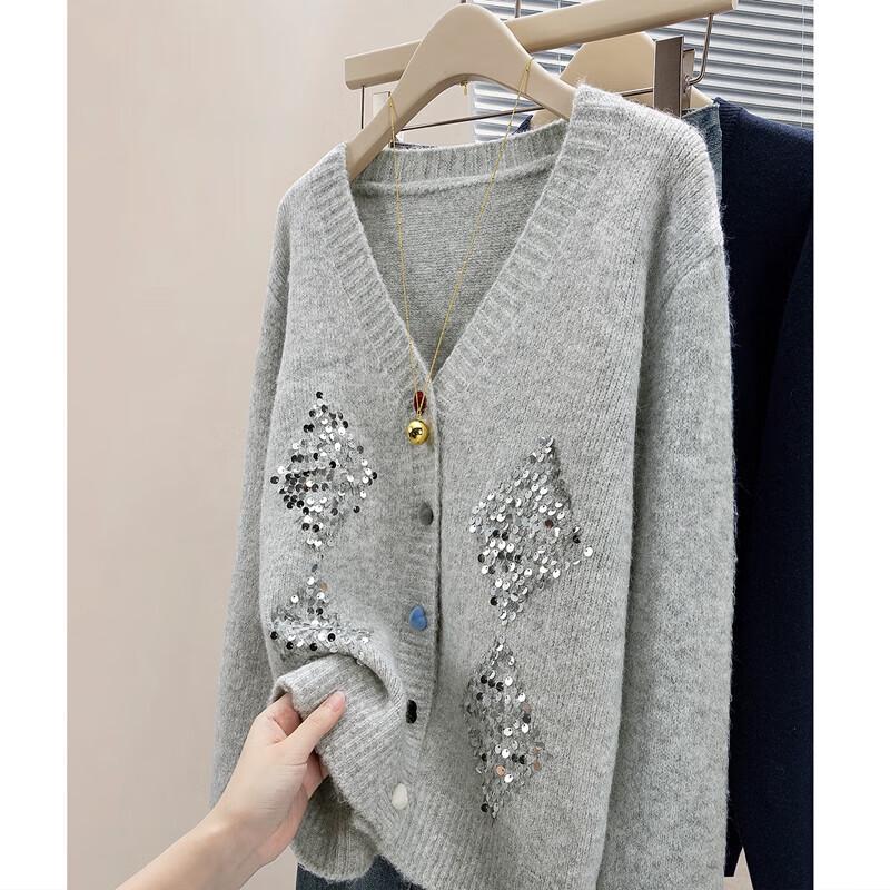 Women's Loose V-Neck Sequin Long-Sleeve Knit Cardigan