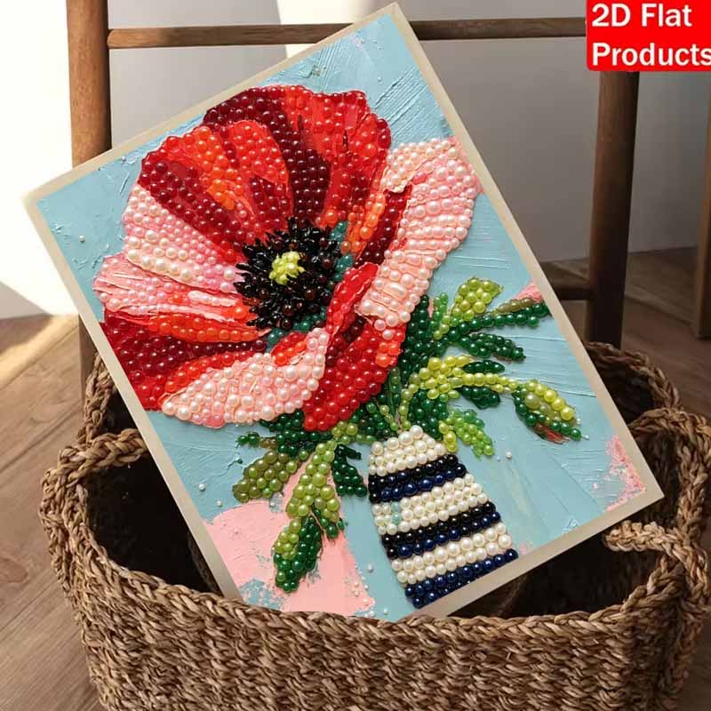 DIY Framed Pearl Painting Kit with Red Poppy Flower Vase 5D Sparkling Bead Art Canvas Ready to Display Home Decor Handmade Gift Idea