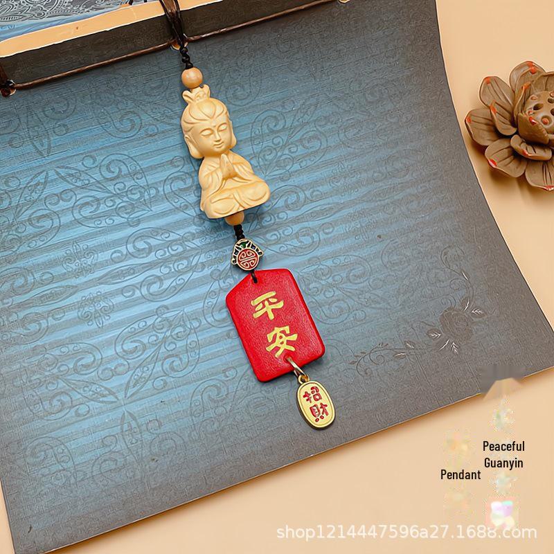 "Boxwood Buddha Guanyin Car Pendant: Creative Rearview Mirror Accessory for Men and Women"