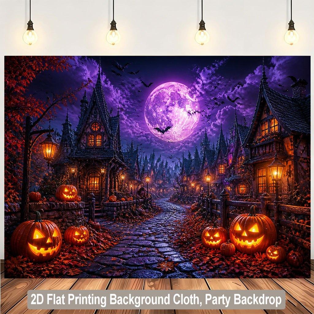 2D flat printing background banner 1 piece per pack. Halloween village with glowing pumpkin background fabric.zyc