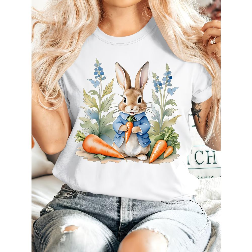 

Easter Gift Women s Summer Clothing Peter Rabbit Round Neck Short Sleeve T-Shirt Rabbit Holding a Carrot Sitting Among Flowers M