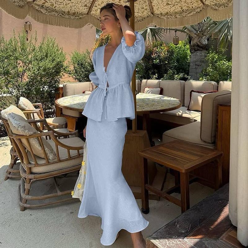 Women's Clothing Summer New Fashion Bubble Sleeves V-neck Lace-up Top High Waist Skirt Set