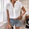 Weiße Bluse mit Lochmuster und Spitze, Damenmode, eleganter V-Ausschnitt, locker geschnitten, süßes Oberteil, lässiges Business-Top mit Blütenblattmuster und kurzen Ärmeln, schlichte Damenbekleidung